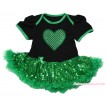 Valentine's Day Black Baby Bodysuit Bling Kelly Green Sequins Pettiskirt & Sparkle Kelly Green Heart Print JS4375